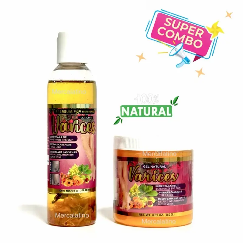 SET NATURAL VARICES Leg Care Set with Moisturizing Oil 6 oz, Natural Gel 250 g & Essential Oil, Calendula Extract, Horse Chestnut, Vitamin E, Coconut Oil, Daily Skin Care Collection