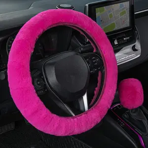 Furry Car Steering Wheel Cover with Gear Shift Cover, Soft and Warm, Cute Fluffy Auto Decor for Women Men, Standard Size, 2 PCS Set, Magenta