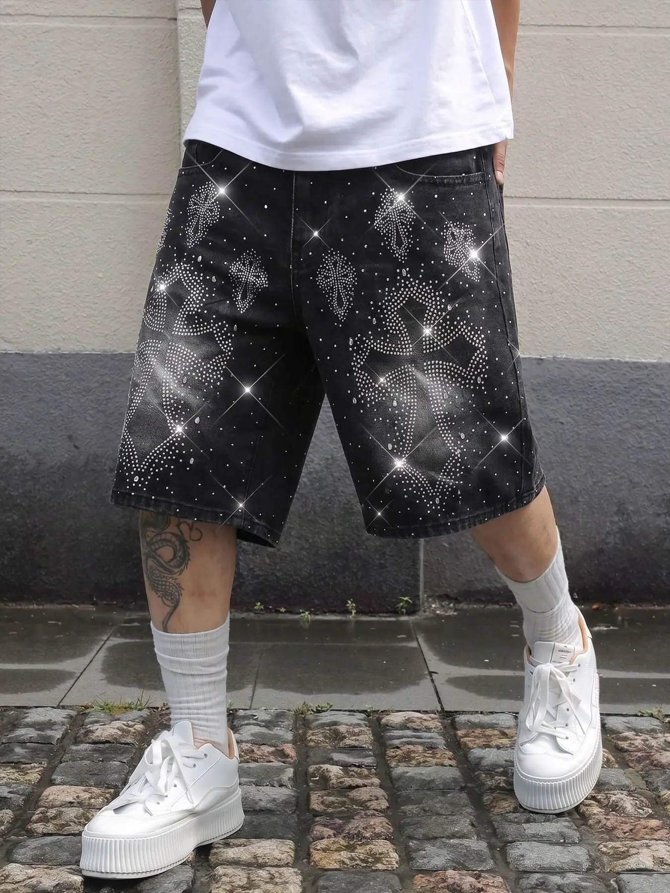American Streetwear Style Rhinestone Cross Stitch Jeans Shorts, Wash Loose Fit Jorts, Gen Z Summer High Street Fashion, Casual Jorts Shorts
