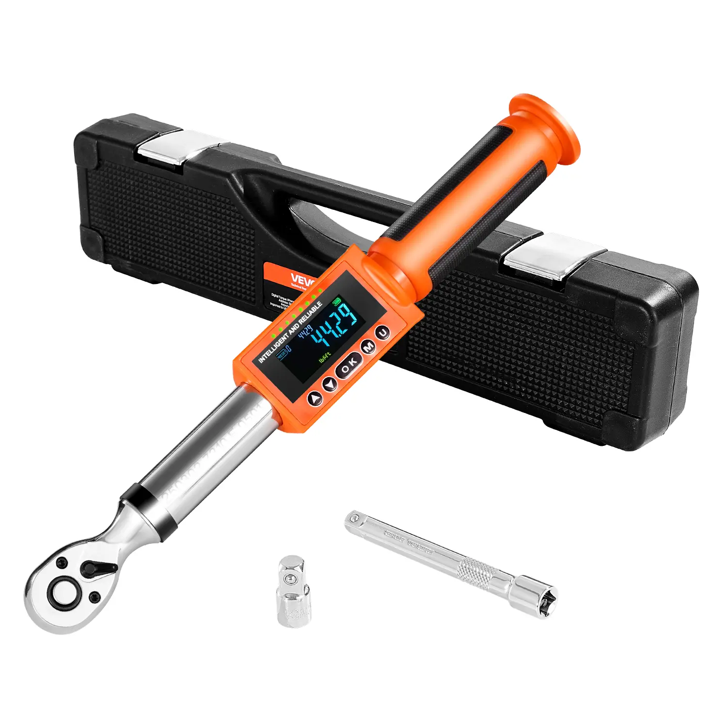 【Summerfinds】VEVOR Digital Torque Wrench, 3/8 Inch Drive Adjustable Ratchet Wrench, 0-99.57 lbf-ft / 0-135 N.m Range, 72-Tooth, ±2% High Accuracy, Preset Value, Buzzer & LED Notifications, for Automotive & Motorcycle, with Extend Rod, Adjustable Socket Wr