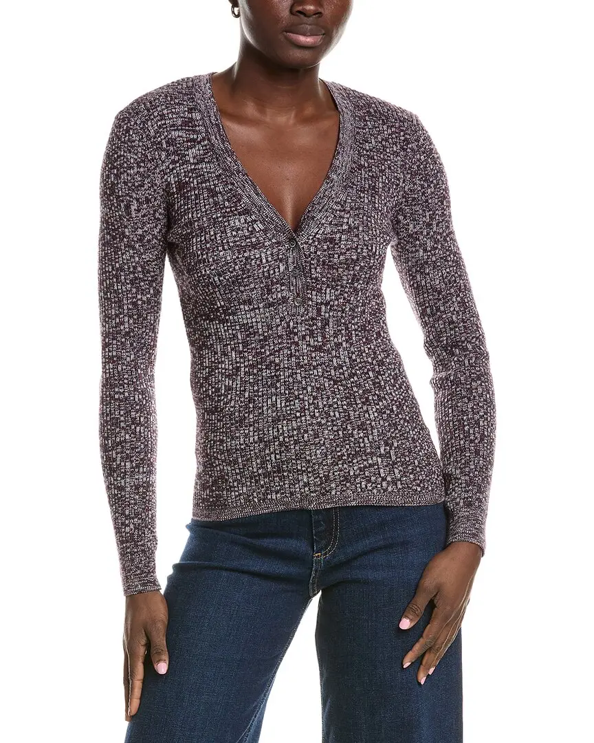 Minnie Rose Cashmere-Blend Rib Marled Henley Cardigan