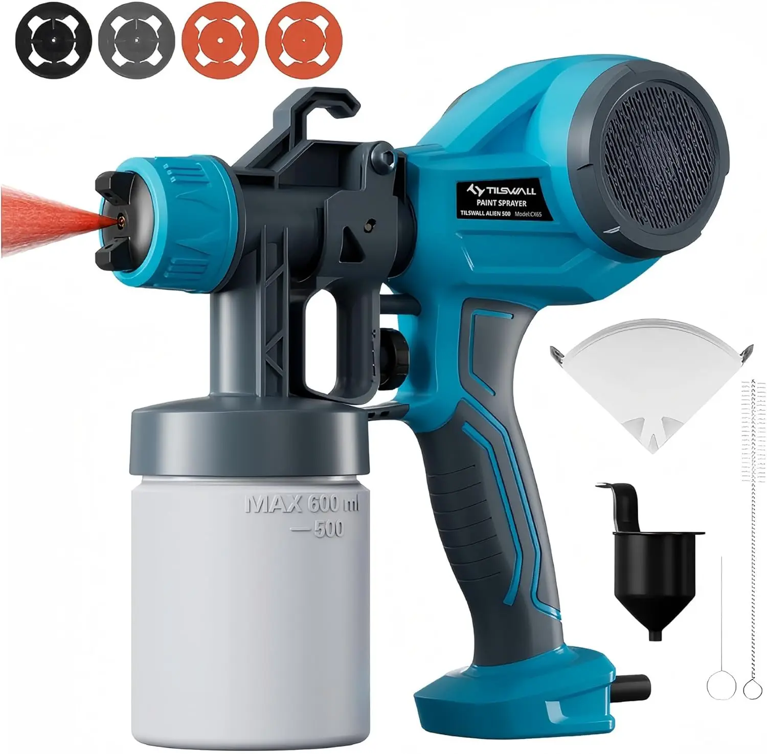 TILSWALL Alien500 Electric Spray Gun, Portable Paint Sprayer with 360° Rotating Nozzle, High Pressure Multimode Power Tool for Home, Garden & Yard, Compatible with Oil & Water Based Paints, Includes Nozzles, Filter Paper & Accessories capacity container f