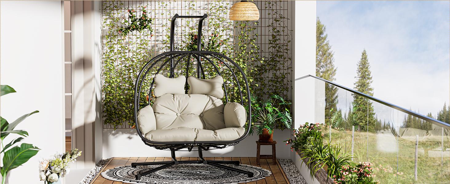 RIWENGO Double Hanging Egg Chair with Cushion, 700lbs Capacity - Foldable Patio Chair with Handwoven PE Wicker & Rust-Proof Frame, for Garden, Porch, Backyard Soft Lounge Swing Summervibes