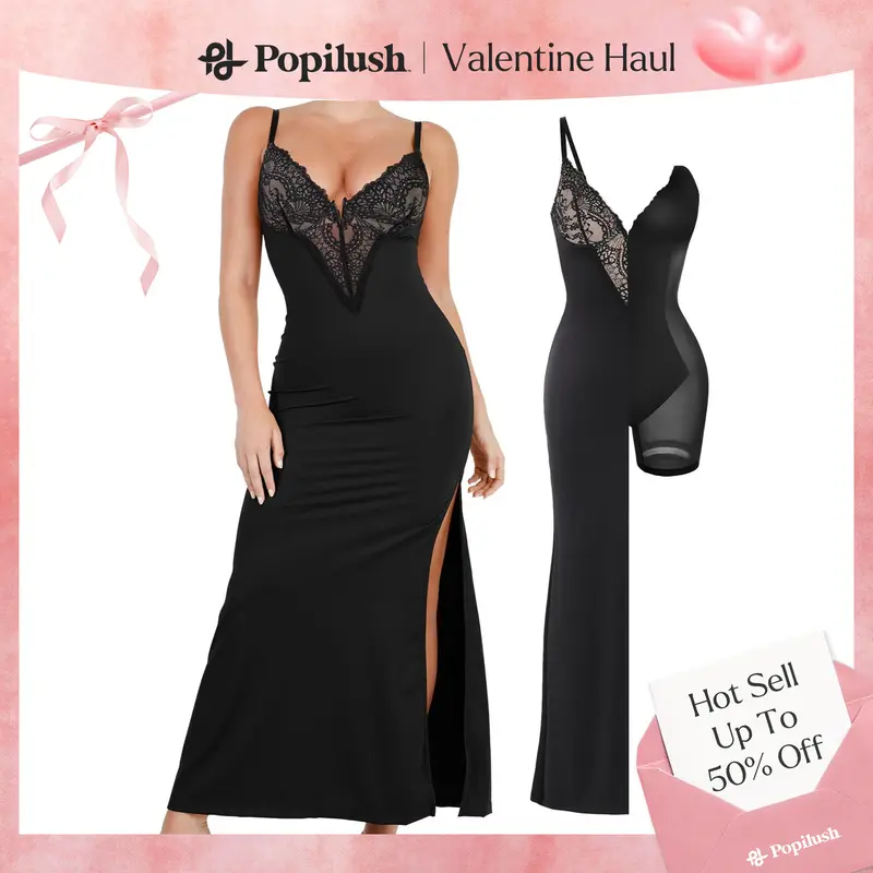 【Clearance】Popilush Formal Lace Built-in Shapewear Set Womenswear Sleeveless Deep V-Neck Maxi Dress Birthday Dress or Wide Leg Jumpsuit Tummy Control Cocktail Party