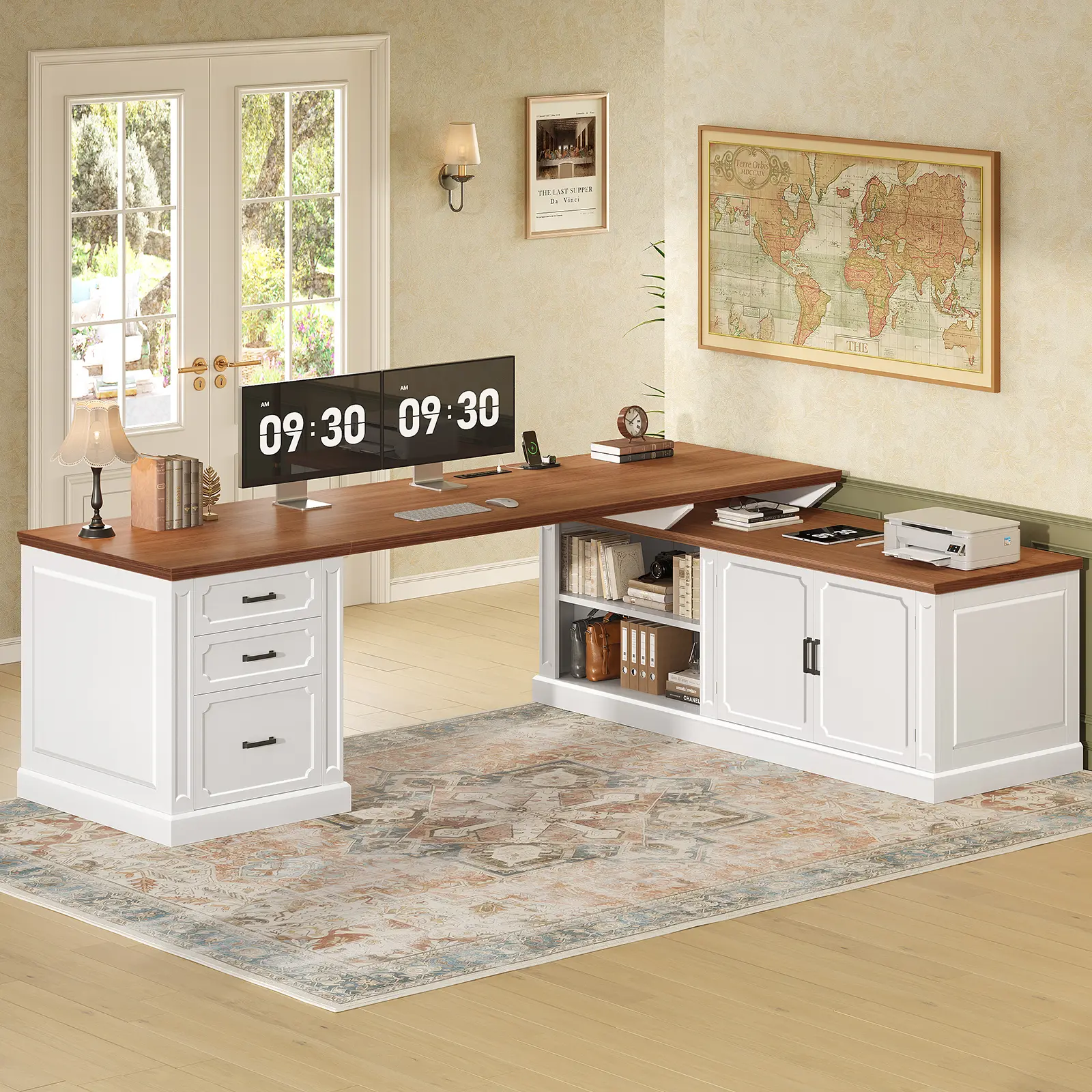 Sedeta 70.9-Inch Farmhouse L-Shaped Executive Desk - Computer Office Writing Workstation with Drawers, Storage Cabinet, Shelves, Power Outlet for Home Office, Computer Office Desk