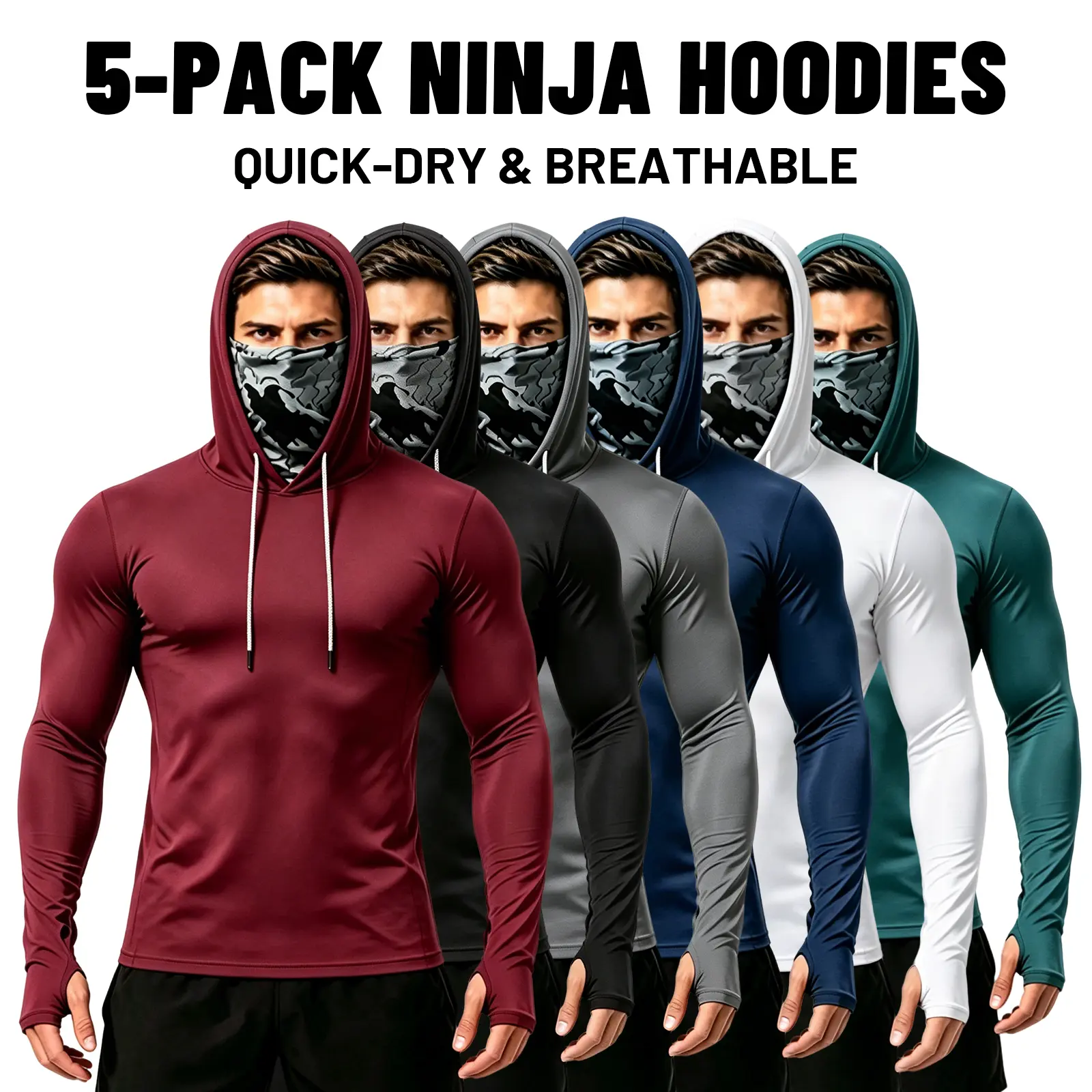 Men's Plain Pullover Hooded Sun Protection Long Sleeve Shirts (3/5/6 Pack) - Polyester 4-Way Stretch Quick Dry Compression Work Shirts with Built-in Face Mask & Neck Gaiter, UV Shield for Fishing, Outdoor Work