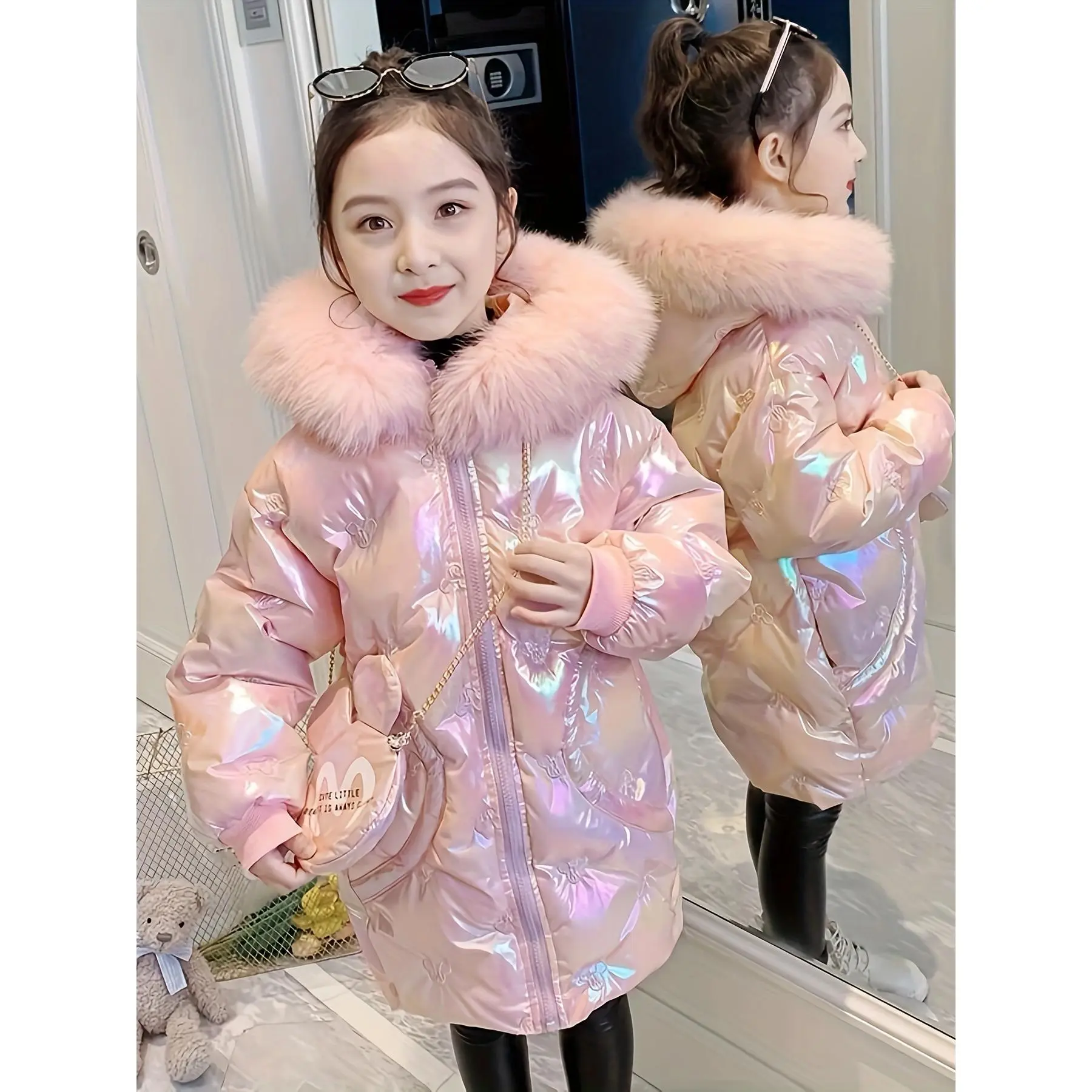 Girls' Cute Colorful Hooded Puffer Jacket - Long Sleeve, Warm, Windproof Polyester Winter Outdoor Coat for 3-12 Years Kids