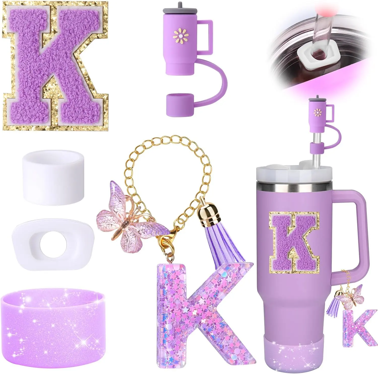 6PCS Customized Cup Accessories Set for Stanley 30oz 40oz Tumbler with Handle Silicone Straw Cover Boot Spill Proof Stopper Handle Charm Drinkware Mug Letter K - Round, Drinking Gadgets