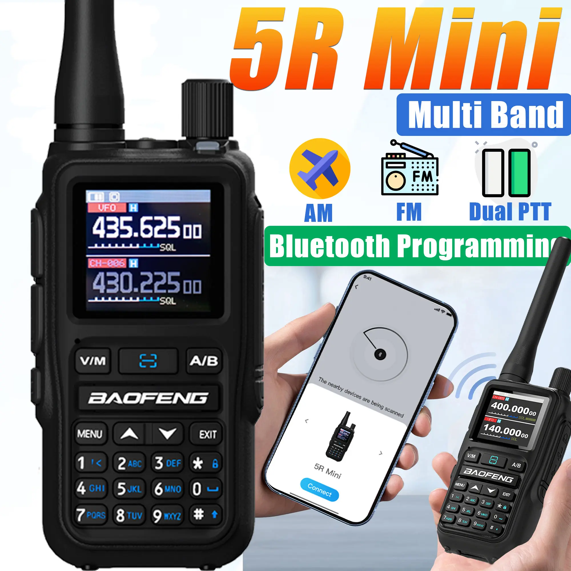 【Father's Day Gift】Baofeng UV 5R Mini Handheld Walkie Talkie Long Range 5W Bluetooth Programming Dual PTT AM FM NOAA Flashlight Dual Band UHF VHF Rechargeable Two Way Ham Radio with headset 771 Antenna