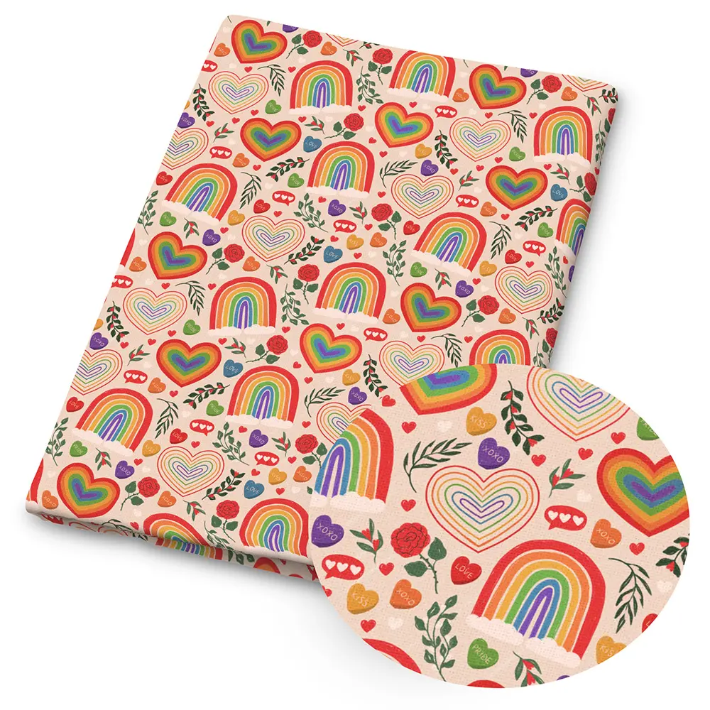 1 piece of rainbow-print fabric – 59 x 19.68 inches (150 x 50 cm), pre-cut polyester fabric featuring a pattern of Love, autumn leaves and flowers – suitable for DIY sewing, scrapbooking, tablecloths and craft projects