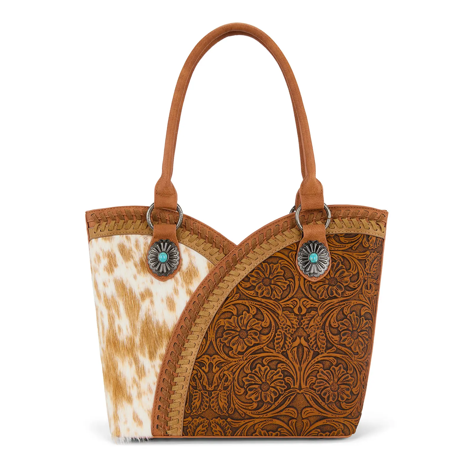 Montana West Tooled & Cowhide Whipstitch Tote Bag for Women
