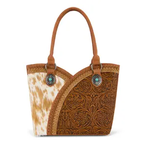 Montana West Tooled & Cowhide Whipstitch Tote Bag for Women