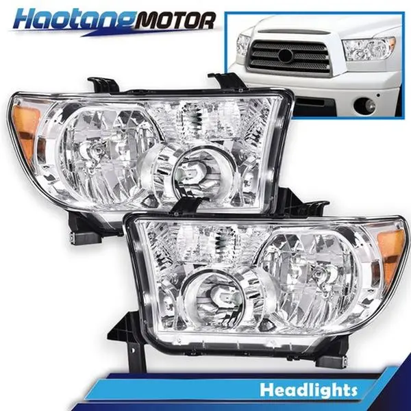 CROSSDESIGN Chrome Finish Truck Headlight Assemblies - Amber Corners, DOT/SAE Approved, Bolt-On Install Car Lighting Replacement for 2007-2013 Toyota Tundra & 2008-2017 Sequoia, Pair Set