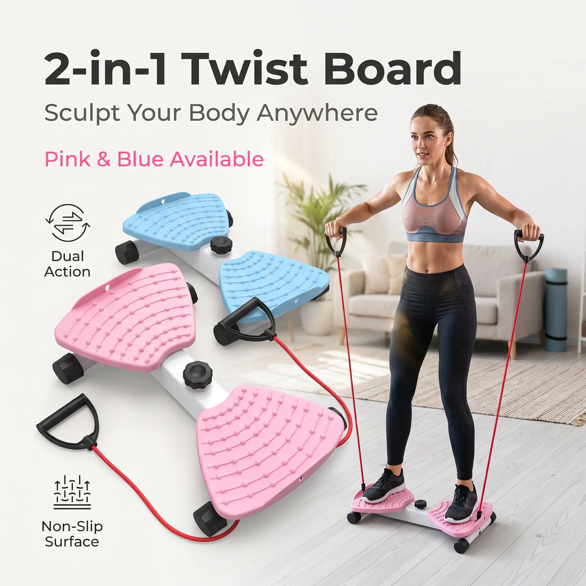 2-in-1 Unisex Twist Board with Adjustable Band - Workout Equipment, Exercise Equipment, Compact At-Home Gym Gear, Slip-Resistant Intensity-Adjustable Waist Leg Arm Trainer for Indoor Family Use, Functional