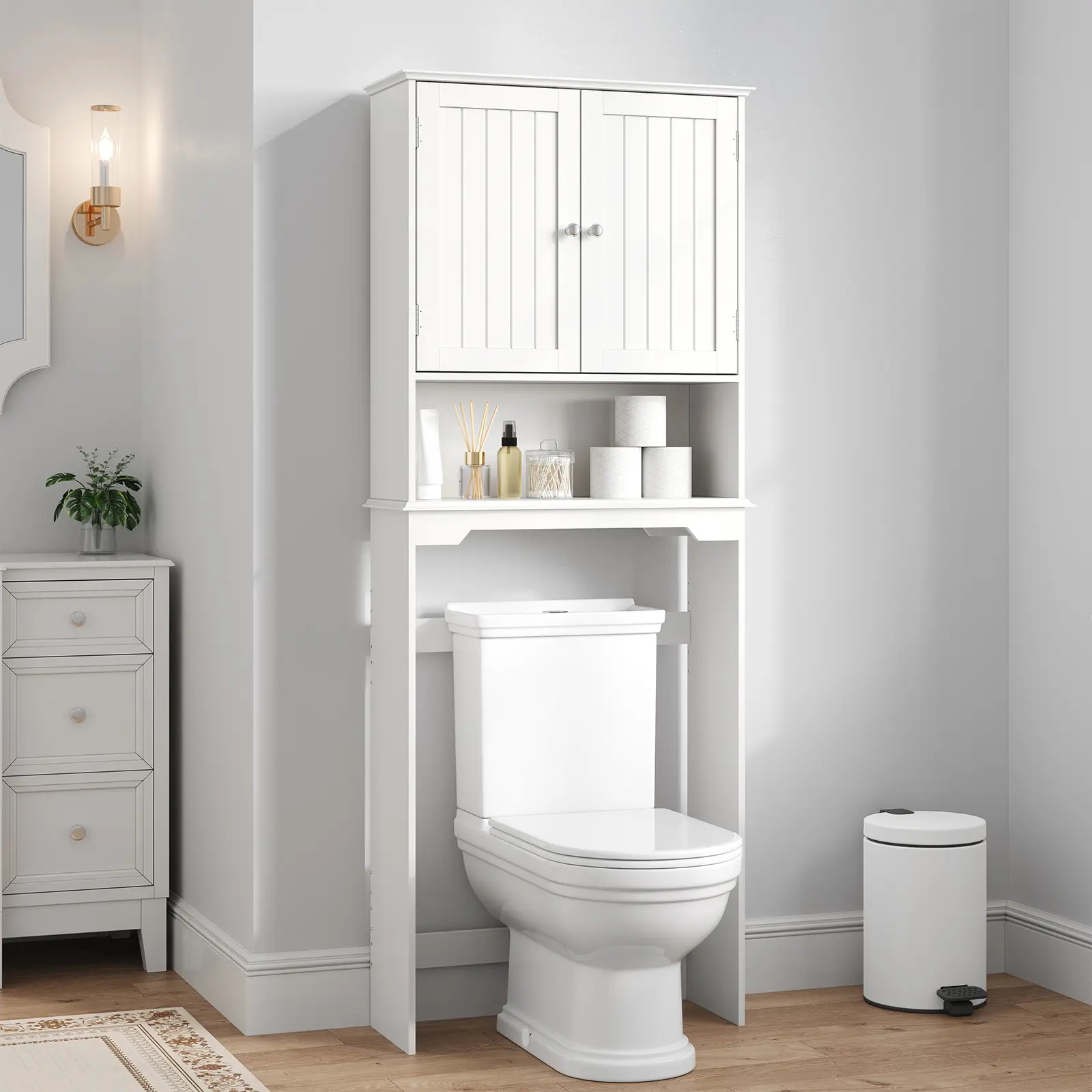 Sweetcrispy Over the Toilet Storage Cabinet, Bathroom Storage Cabinet Over Toilet with Double Doors and Adjustable Shelf, Freestanding Toilet Rack for Bathroom, Black