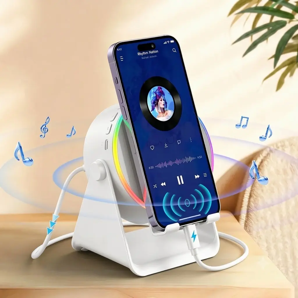 [SummWins] 5-in-1 Wireless Induction Stereo Bluetooth Speaker with Smartphone Holder, 3500mAh Rechargeable Emergency Power Bank, 8 RGB Ambient Lights, 360° Adjustable Mobile Tablet Stand - Gifts for Friends