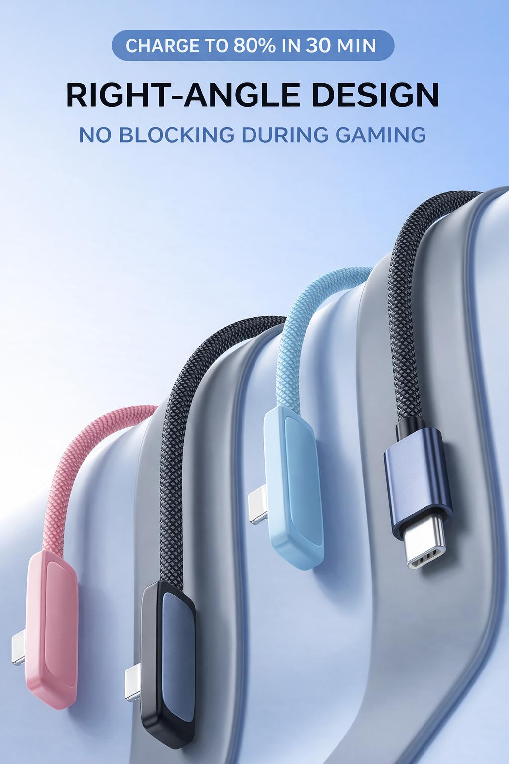 PD30W Right Angle Lightning Cable Fast Charging Braided Durable Cord for Gaming Compatible with iPhone 6-14 Stable Safe Charging No Blocking Hands While Playing for iPhone14pro/13/12/11/XS 15/16/17 Pro MAX iPad AirPods 3.3Feet 6.6Feet