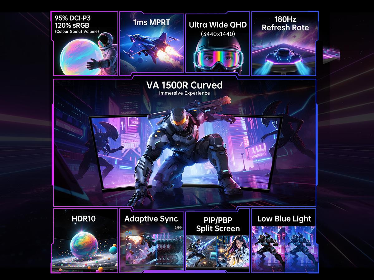 KTC 34" 2K WQHD 180Hz 3440X1440P Curved Gaming Ultrawide Monitor, 1500R PC Monitor, HDR10, FreeSync & G-Sync, HDMI, DisplayPort, VESA, Tilt Swivel Height Pivot Adjustment, H34S18S