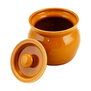 Golden Lion Large Brown Ceramic Stew Pot with Lid - 420ml Casserole Dish for Soups, Steaming, Braising - 10.5cm Diameter