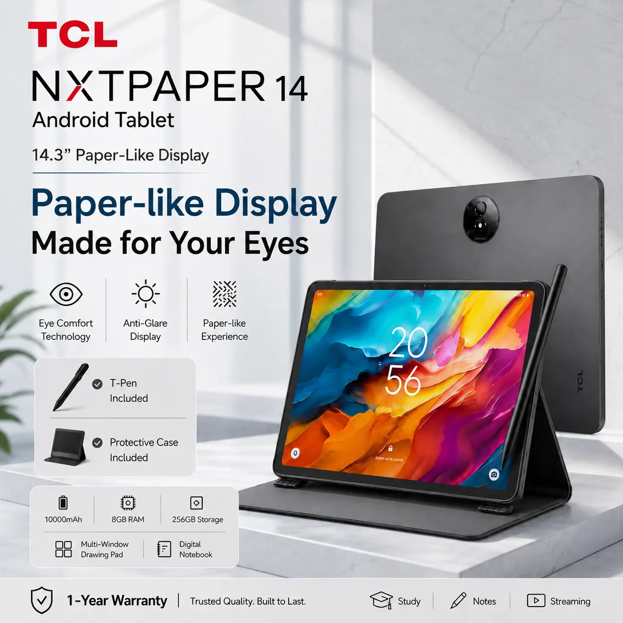TCL NXTPAPER 14 Android LCD Tablet (Gray) - 14.3" Paper-Like Screen, 4096-Level Stylus, Metal Flip Case, 8+8GB RAM, 256GB Storage, 10000mAh Batteries, 13MP Camera, Multi-Window, Charging Support, Work Content Creator Stand, Digital Notebook, for Streamers