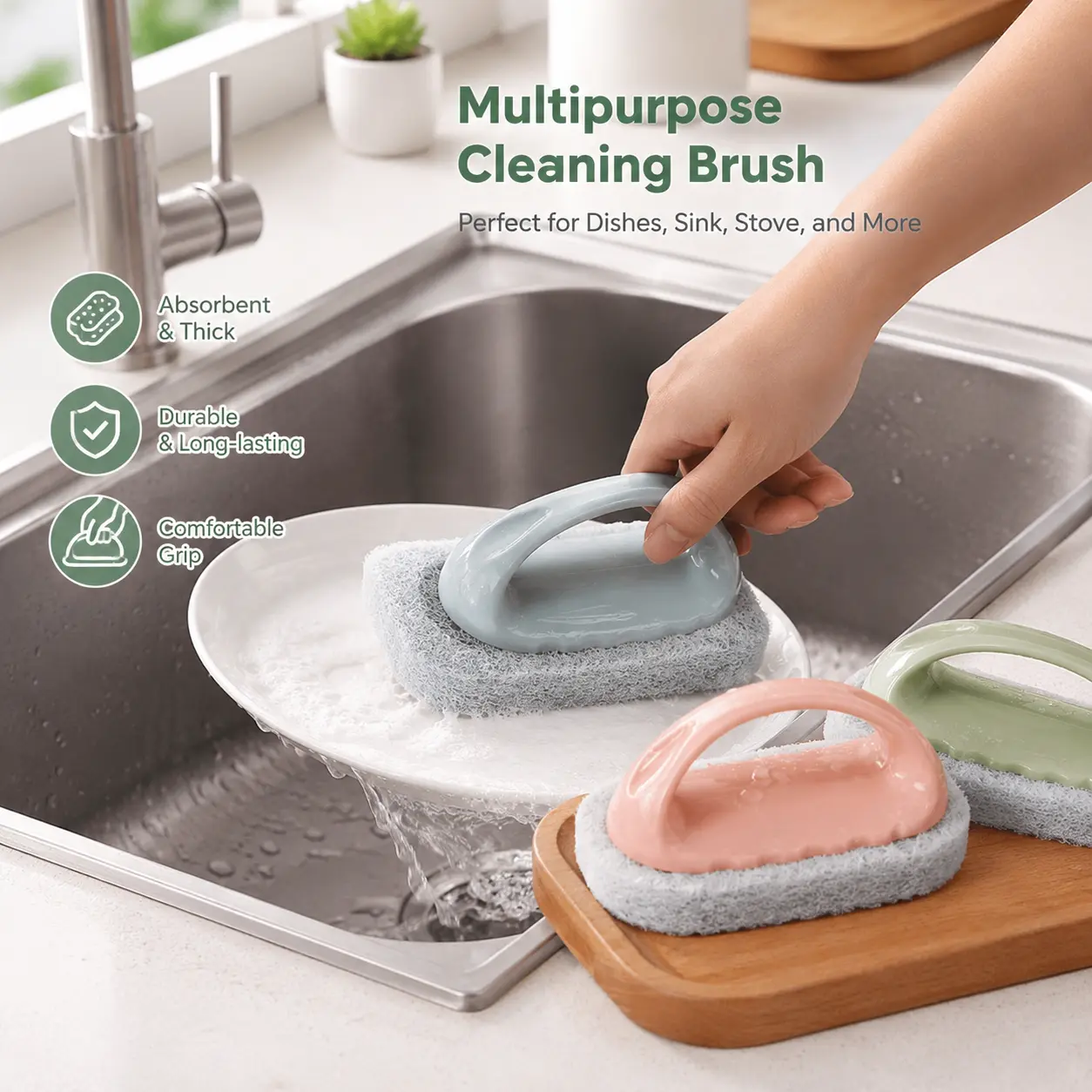 1 Count, Handheld Cleaning Scrub Brush with Handle, for Kitchen Sink Countertop Stove and Household Surface Cleaning