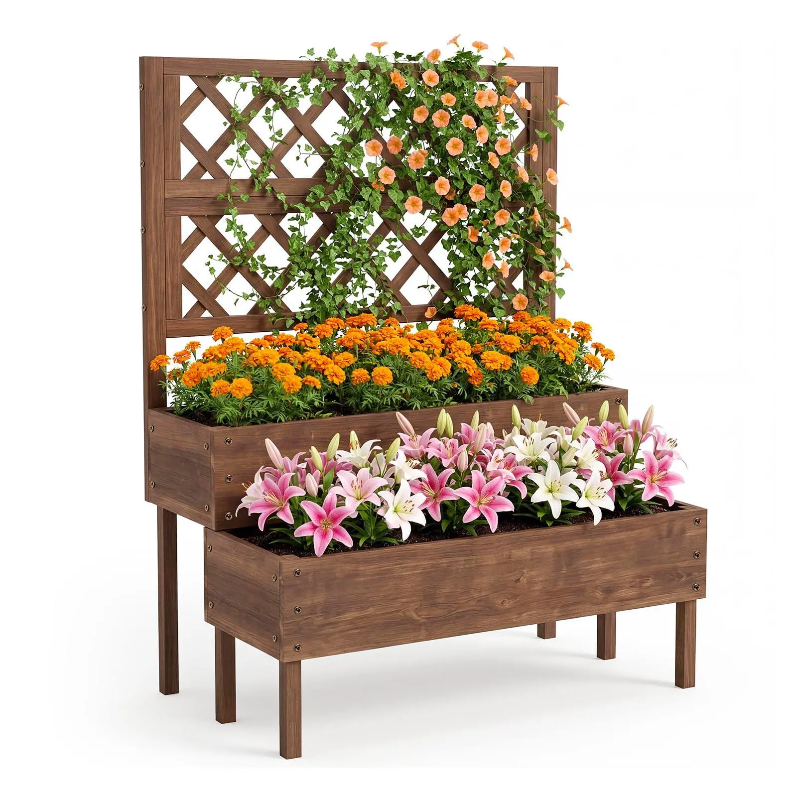 Deep Brown Natural Fir Climbing Planting Stand - 41.93"x22.44"x52.95" Eco-Friendly 2-Tier Legged Multi-Level Wood Planter Box with Trellis Grid, Outdoor Planting Boxes with Drainage Holes for Backyard, Patio, Elevated Planting Boxes