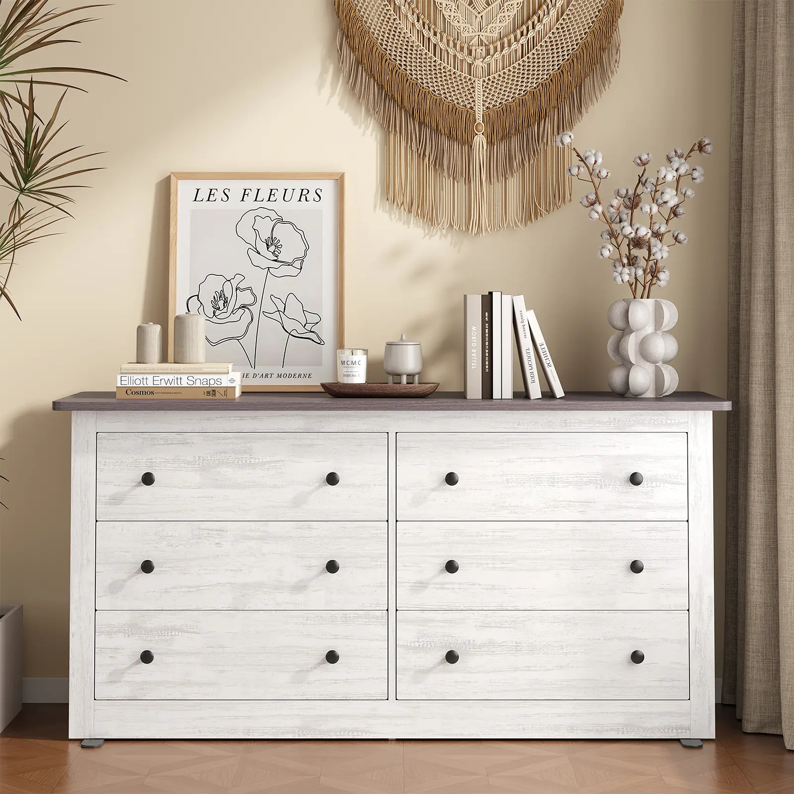 Sweetcrispy 59in Wood 6-Drawer Dresser with Ball Bearings - Vintage Modern White Organiser Storage Cabinet, Bedroom Drawer Dresser for Living Room Room Storage & Decor, Drawer Dressers, Bedroom Dresser