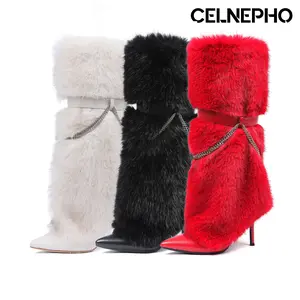 CELNEPHO Faux Fur Boots for Women Stiletto High Heel Knee High Boots Pointed Toe Hidden Zipper Closure Metal Chain Fashion Warm Cozy Party Date Cosplay Outdoor Wear Dress Shoes