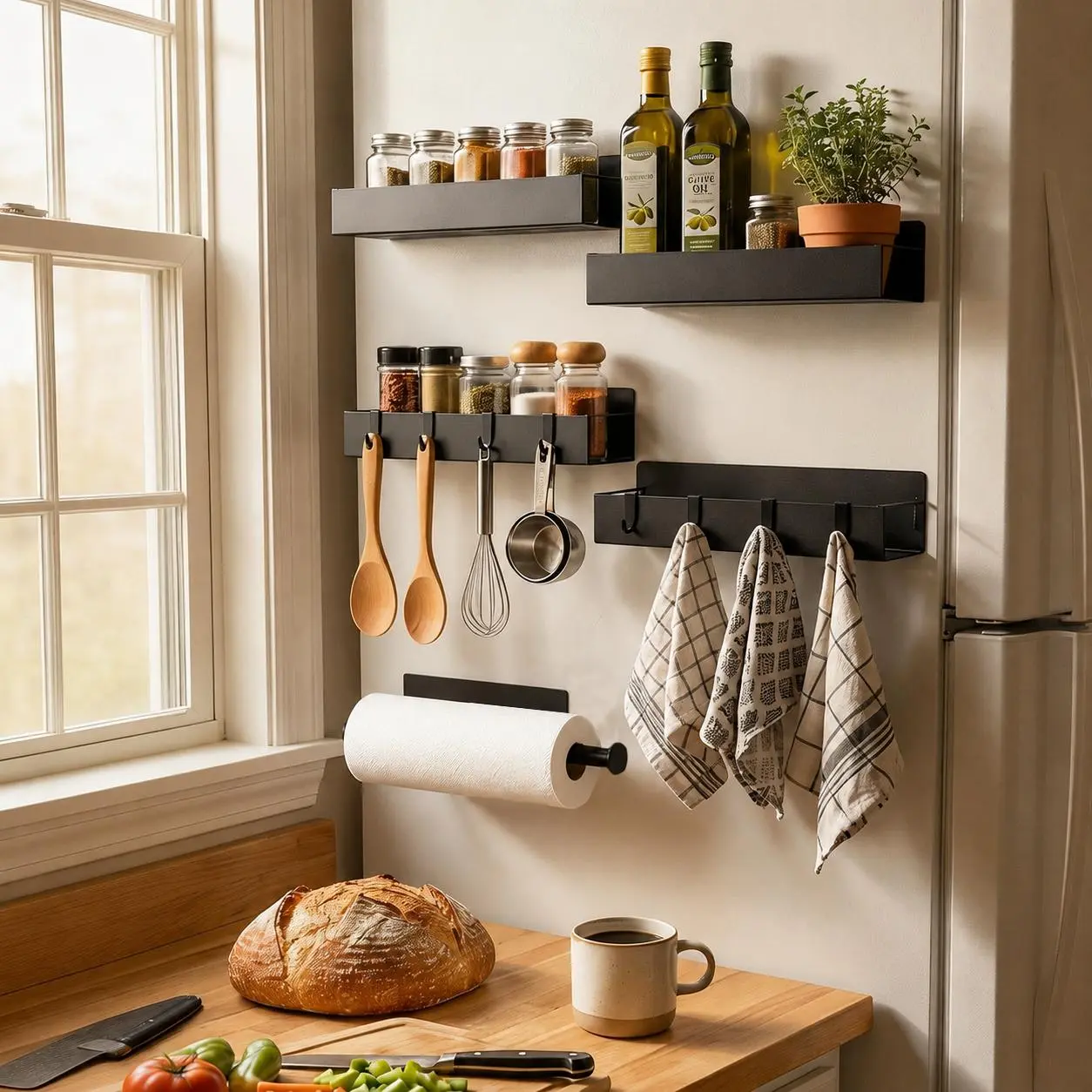 5-Piece Magnetic Spice Rack Set with Paper Towel Holder - Heavy Duty Metal Home Organizer, Sturdy Compact Shelves, No-Drill Universal Magnetic Mount for Fridge, Waterproof Kitchen/Bathroom Clever Storage, Organizes Spices