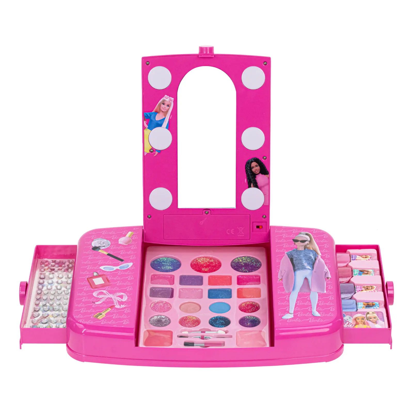 BARBIE Compact Beauty Vanity Set with Light-Up Mirror by Townley Girl - Kid Pretend Play Makeup Toy Kit (Lip Gloss, Eye Shadow, Brushes, Nail Polish, Accessories) for Ages 3+, Little Gift Set for Girls, Holidays, Birthdays, Girl Toy, Little Gifts For Girl