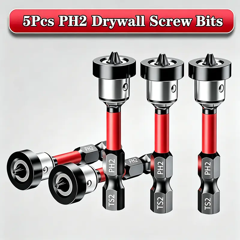 5Pcs Heavy-duty PH2 Magnetic Driver Bits, Anti-slip Limit Collar Cross Screwdriver Bits, Durable Hex Shank Drill Bits for Electric Screwdriver Construction Hardware Supplies drywall