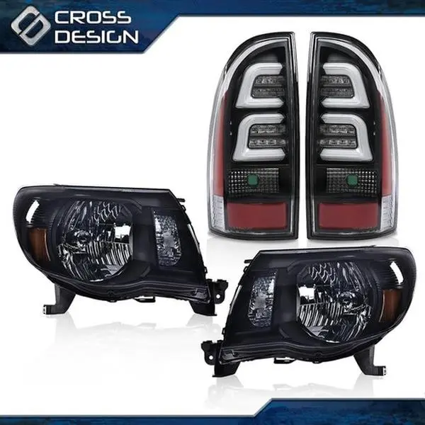 CROSSDESIGN LED H4 Bulbs Car Lighting Kit - Black Plastic Housing Pair Set Headlight & Tail Light Assemblies, Aftermarket Exterior Upgrade Truck Accessories for 2005-2011 Toyota Tacoma, Tail Light Assembly, Car Exterior Upgrade