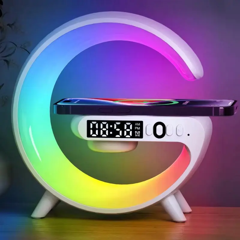 15W Speed Stable Wireless Charger Pad Stand - Electronic Charging Station for Smartphone, Cellphone, Mobile Device with Speaker, TF Card Support, RGB Light, Nightlight, Digital Display (Compatible with iPhone, Samsung, Xiaomi, Huawei)