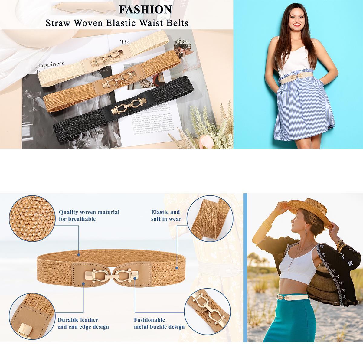 2-Piece Set Women Straw Belt Elastic Waist Metal Buckle Breathable Elegant Boho Braided Belt for Dress Casual