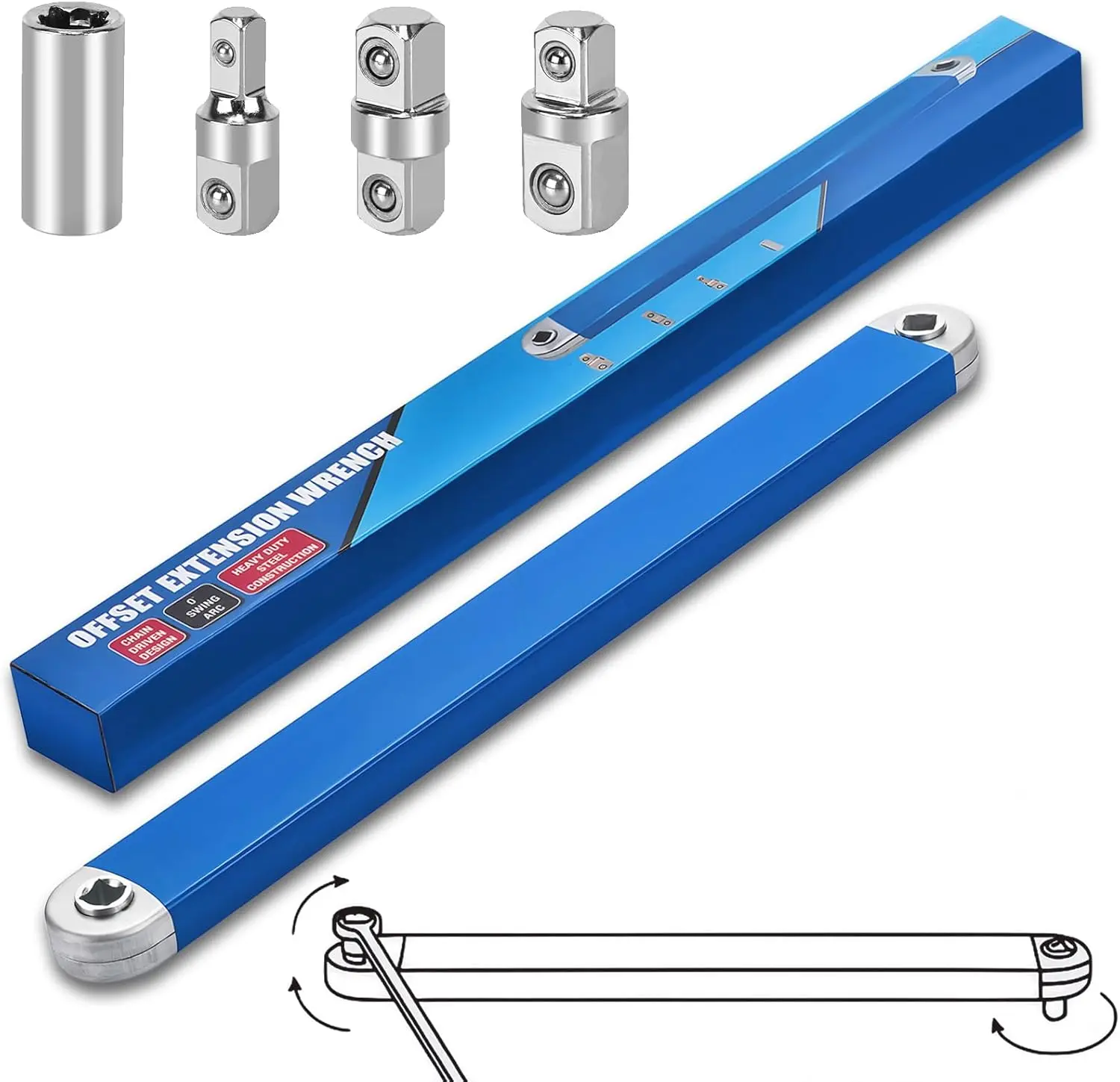 Multi-Function Ratchet Offset Extension Wrench Extender - Car Tools for Mechanics, 1/4" Socket, 1/2" & 3/8" Square Head Adapters, 180-Degree Swivel, High Torque, Non-Slip Handle, Durable Metal, Limited Space Automotive Repair Hand Tools, Car Repair Tools,