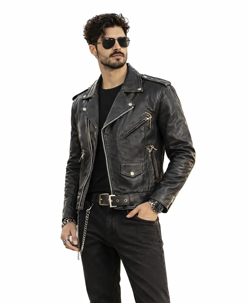 Men's Motorcycle Leather jacket Genuine Buffalo Brown Retro Skin Brando Style