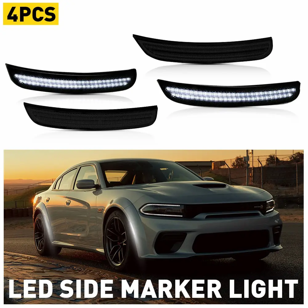 AUTOONE 12V Smoked Lens White LED Side Marker Lights (4PCS Plug&Play Kit) for Dodge Charger 2015-2021, Front&Rear Bumper Turn Signal Lights, ABS, Direct Fit, 500% High Brightness, IP67 Waterproof, Easy Install, OEM Compatible 68214126aa, Longer Lifespan