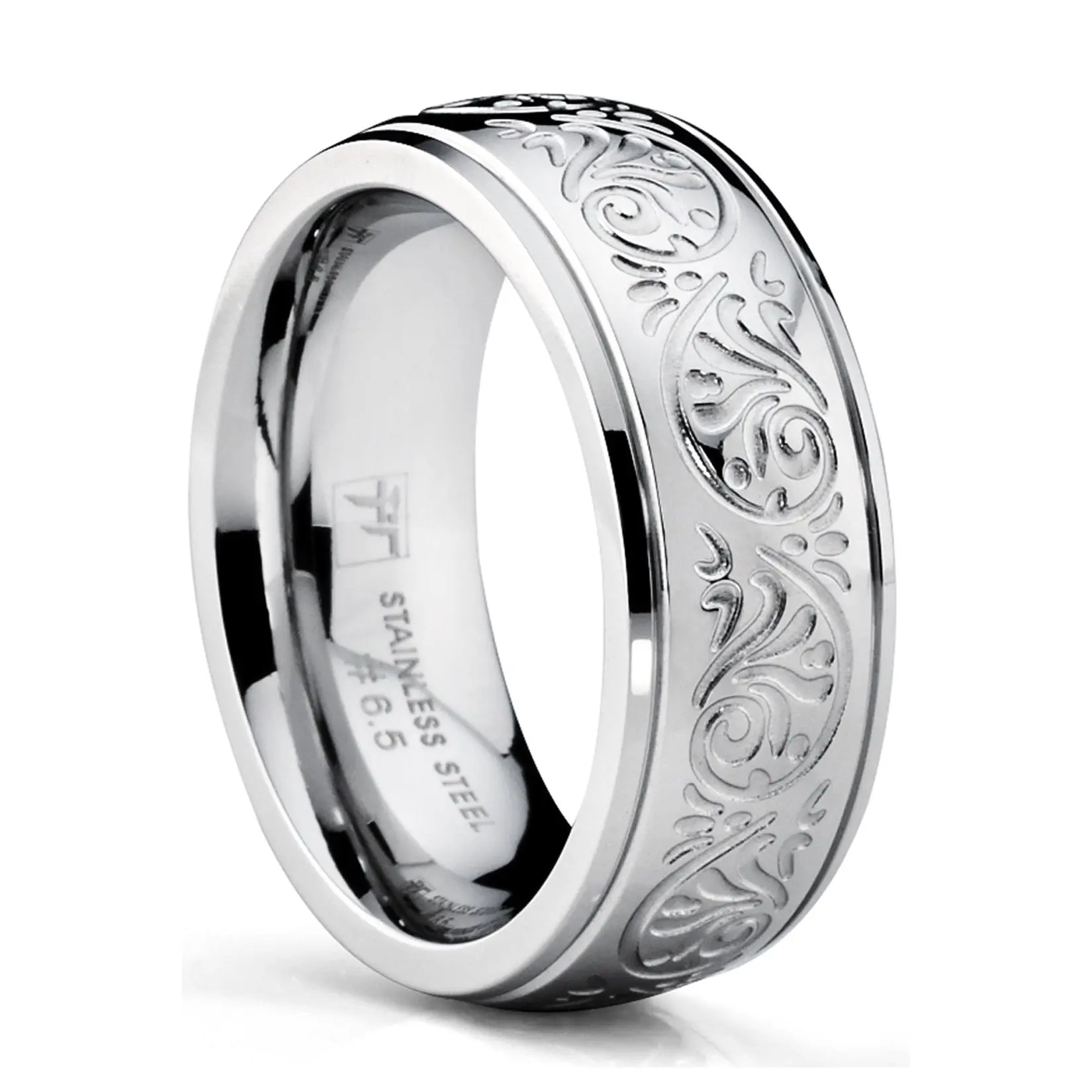 Women's 7MM Stainless Steel Ring - Engraved Florentine Design, Engagement Wedding Band, Non Tarnish Stainless Steel Jewelry, 4-13 Fit Range, Elegant Ring
