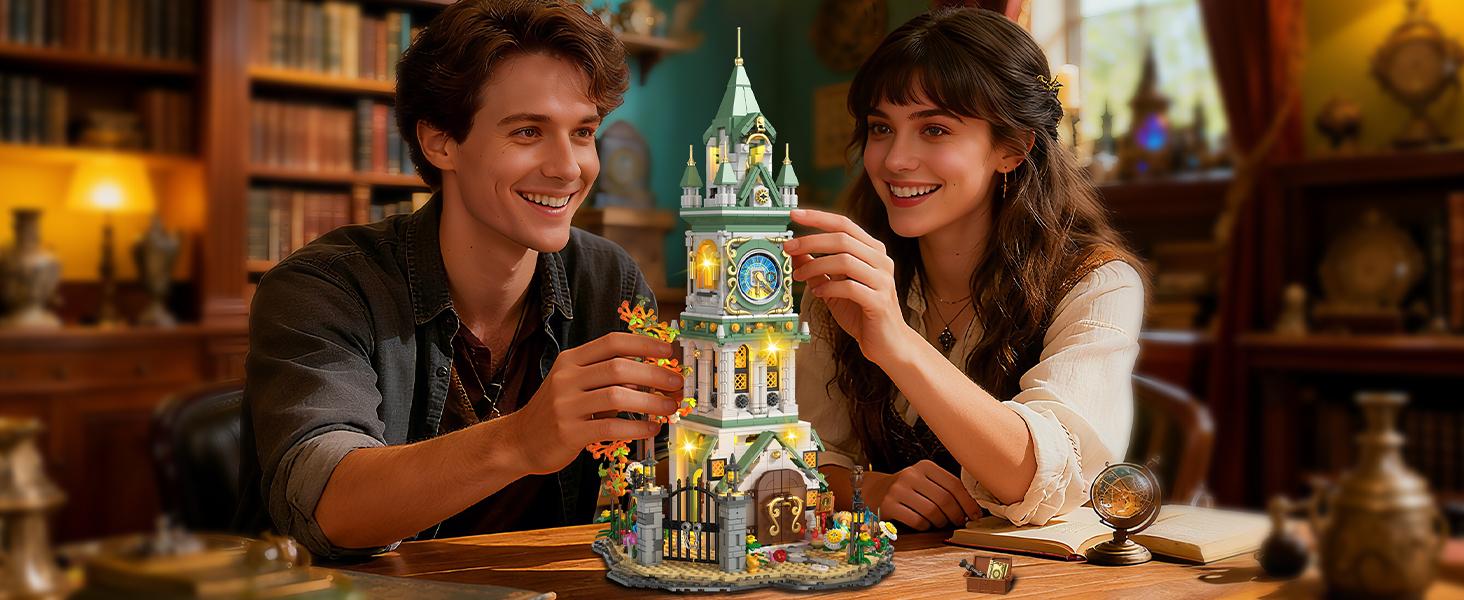 Magic Clock Tower Building Set with Light, 1566 PCS Big Medieval Castle House Construction Model with Owl & Garden, Home Decor Building Block Kit, for Adults Teens Boys Girls 12+