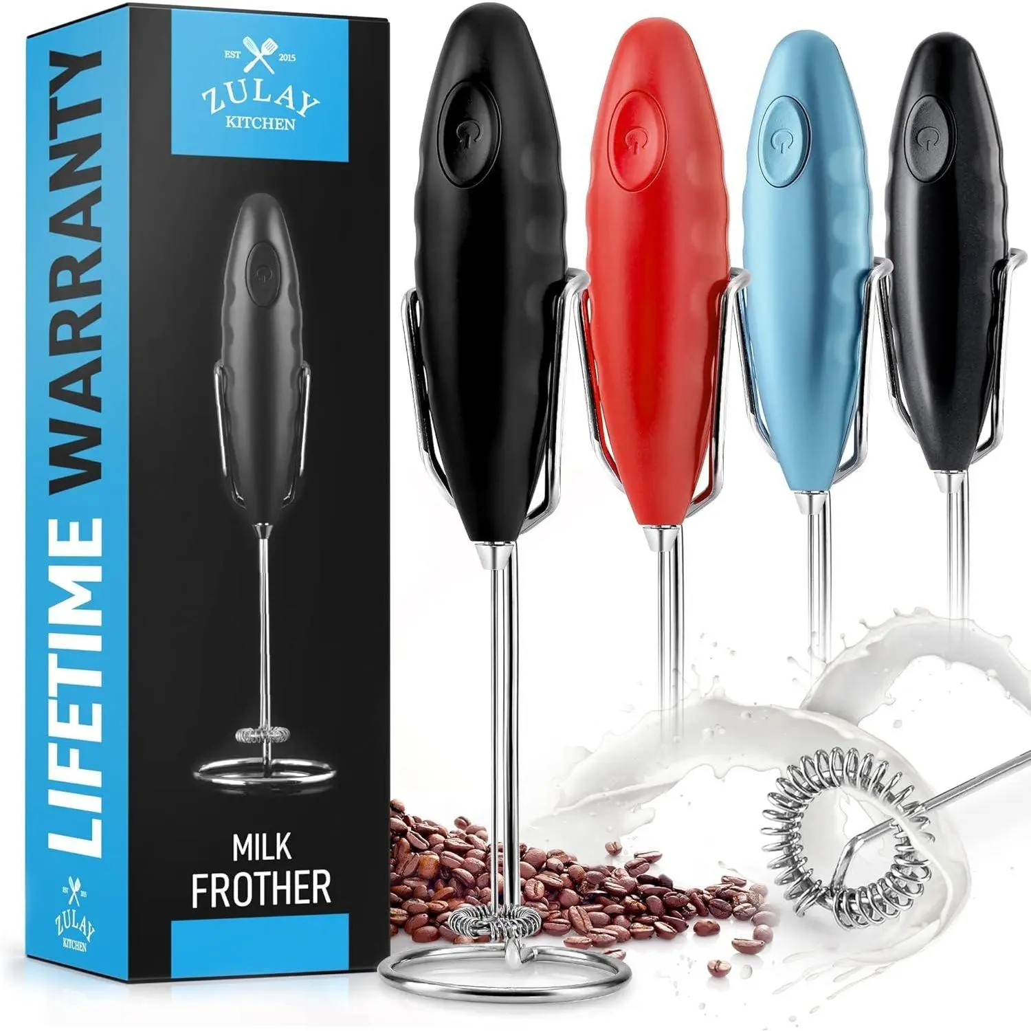 Zulay Kitchen Milk Boss Double Grip Milk Frother - Handheld Design for Secure & Comfortable Handling 14000 RPM Motor Lifetime Warranty Ergonomic Grip Compact Durable Perfect for Lattes & Cappuccinos