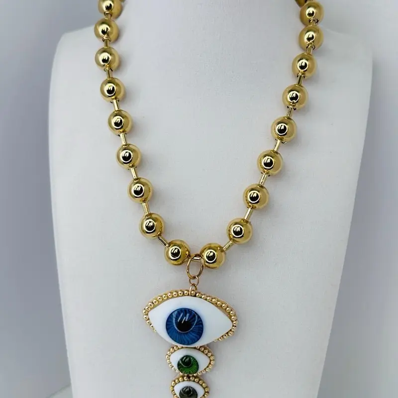 “ Stainless Steel Ball Chain with a pendant featuring 3 glass eyes ( in 3 different colors), 20 cm Length with an extra extender.”
