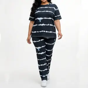 A Plus SizeWomen's Large Size Striped Print Casual Set Comfortable Polyester Top Loose Wide Leg Pants Machine Washable Plus Size Fashion Clothes Black Crewneck Suits Womenswear Style