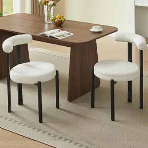 Dining Chairs Set of 2, Modern Boucle Dining Chairs with Curved Backrest and Black Metal Legs, Upholstered Teddy Dining Room Chairs for Kitchen, Living Room, Bedroom