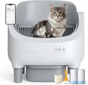 Automatic Cat Litter Box Self Cleaning, App Control, Open-Top Automatic Litter Box with Safety Sensors, Ultra-Quiet, 10.5L Waste Bin with Odor Control, 1 Rolls of Garbage Bags, Grey White