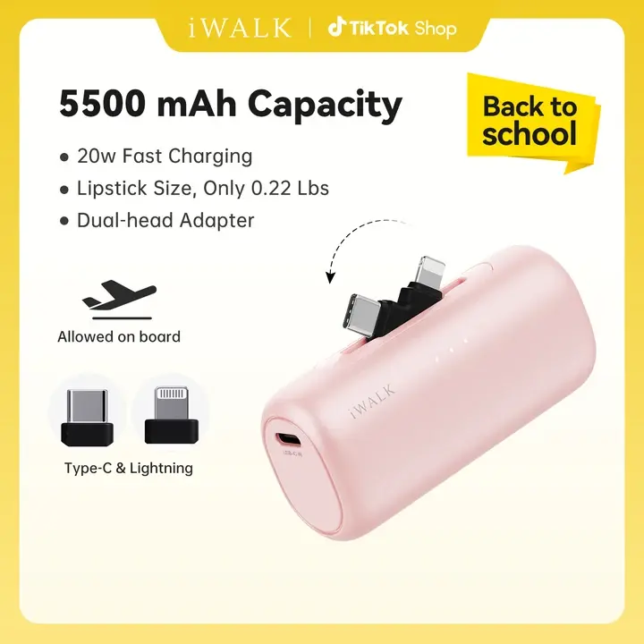iWALK LinkPod 5500mAh 2-in-1 Connector Portable Power Bank - Fast-Charging Dual-Port Electronic Phone Charger, 2-Way Charge for iPhone & Android, USB Battery Adapter, Compact Travel Gadget, Accessories for Outdoor Fun summerwins,summerwins,back to school