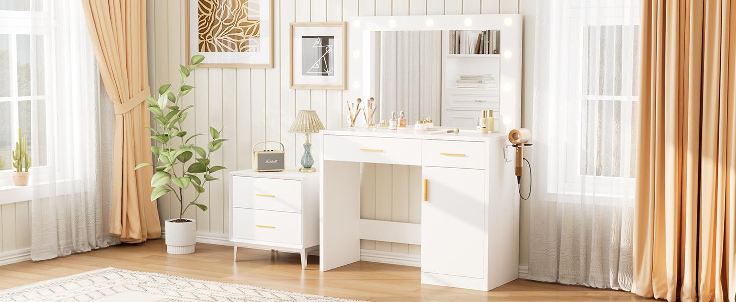 Vanity Desk with Mirror, Makeup Vanity Table with Charging Station (2AC/USB/C), Dressing Table with 2 Drawers & Large Cabinet