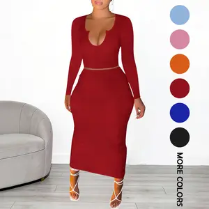 Women's Spring & Fall Sweetheart Neck Two-Piece Set, Long Sleeve Top & High Waist Skirt, Stretchy Ribbed Knit, Flattering Slim Fit, Multiple Colors