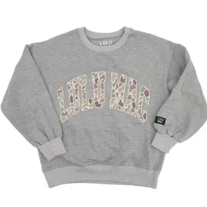 Lulu Mac Women’s Grey Sweatshirt With Camo Stitch Lettering Womenswear Long Sleeve Tops Pullover Casual Crew Neck Sweatshirt