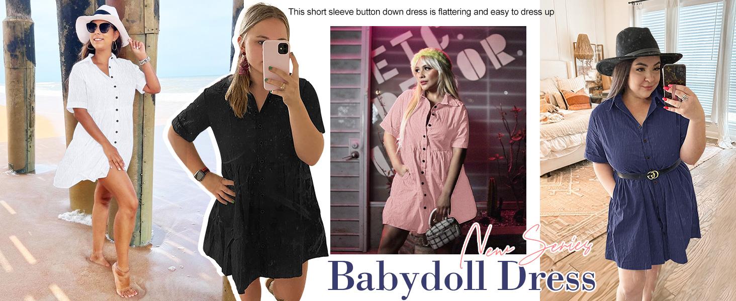 AUSELILY Babydoll Dress for Women Short Sleeve Button Down Textured Non-clingy Loose Fit Flowy Mini Dress with Pockets 2026 New Summer Dress AUSELILY Babydoll Dress for Women Short Sleeve Button Down Textured Non-clingy Loose Fit Flowy Mini Dress with Pockets 2026 New Summer Dress