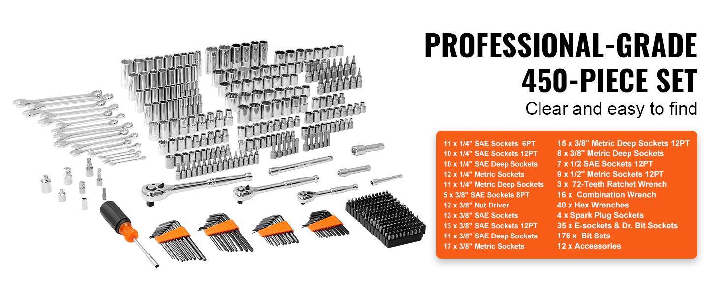 VEVOR Mechanics Tool Set and Socket Set, 1/4" 3/8" 1/2 Drive Deep and Standard Sockets, 145/205/450 Pcs SAE and Metric Mechanic Tool Kit with Bits, Combination Wrench, Hex Wrenches, Accessories, Storage Case VEVOR Mechanics Tool Set and Socket Set, 1/4" 3/8" 1/2 Drive Deep and Standard Sockets, 145/205/450 Pcs SAE and Metric Mechanic Tool Kit with Bits, Combination Wrench, Hex Wrenches, Accessories, Storage Case